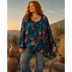 Suzanne Betro 1X Teal Floral Boho Peasant Blouse Plus Size Romantic Cottagecore